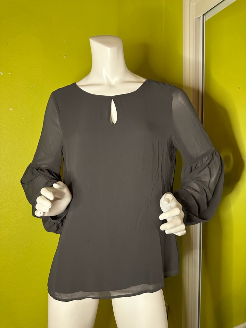 NWT Express Dark Gray Flowy Long-sleeve Blouse with Mesh Bell Sleeves